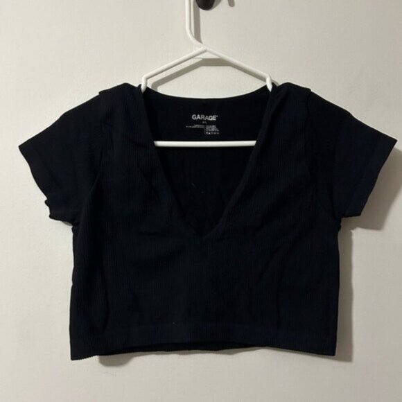 Garage Black V Neck Cropped  Top - Picture 1 of 3